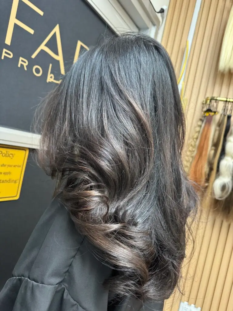 Express brunette balayage by Fabiana Cohen at Fabi Pro Beauty, Midtown East Manhattan - rich dimension, cool tones, glossy finish